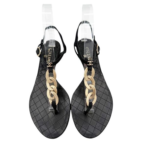 Chanel CC Logo Gold Chain Thong Sandals Black Quilted Leather EU 38.5 US 7.5-8 - Picture 1 of 11